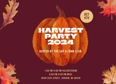 fall flier with brown and orange colors a leaf in each corner an orange pumpkin in the center with the words harvest party 2024